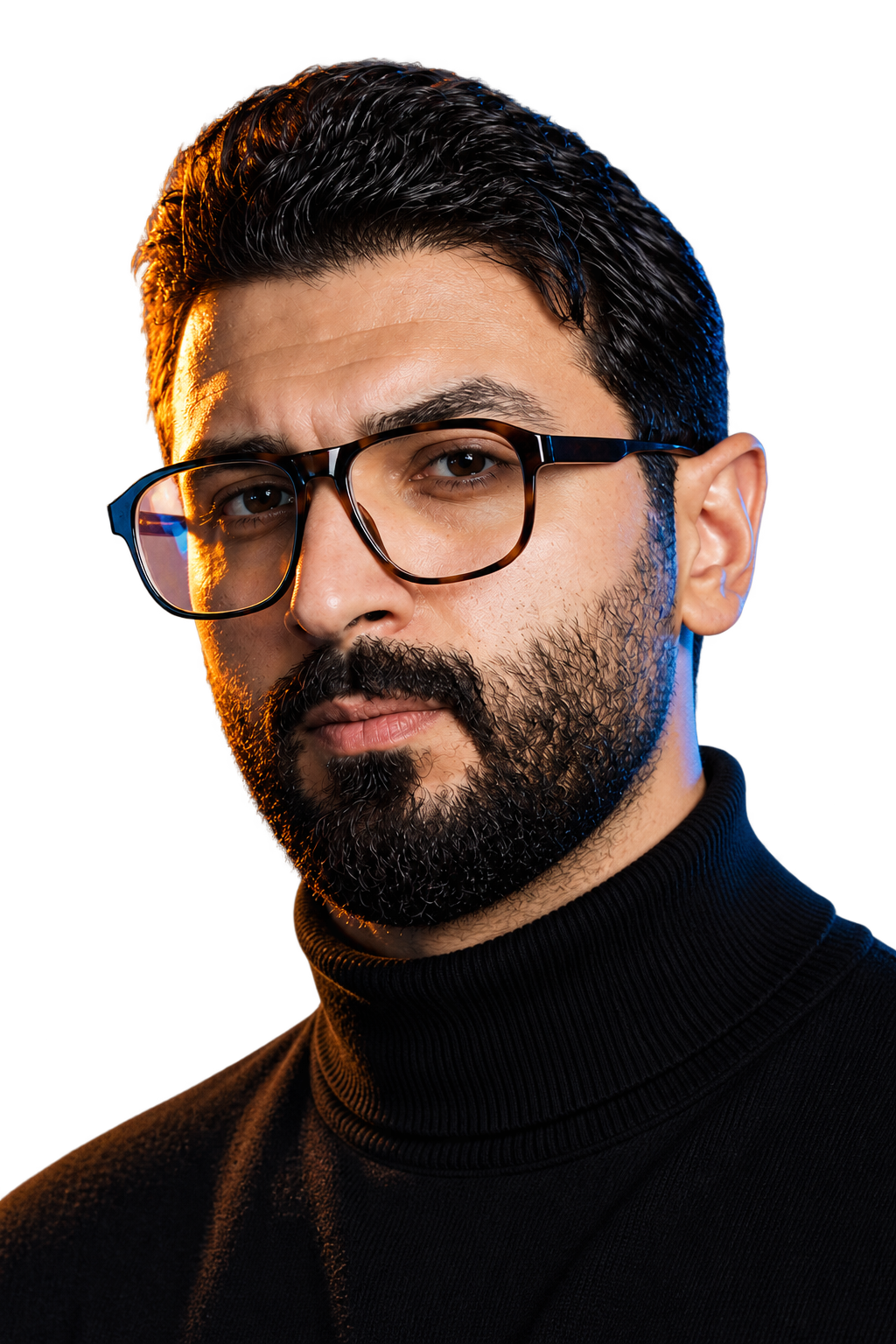 Jad, visual director, lit with warm orange rim light